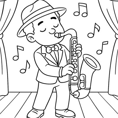 A Jazz Musician Playing Saxophone On A Stage With Musical Notes Floating Through The Air