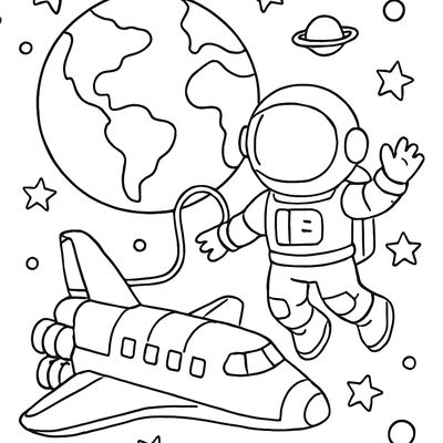 A Space Scene With An Astronaut Floating Near A Space Shuttle With Earth In The Background