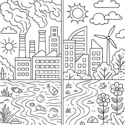 A Before And After Split Scene: Polluted City On One Side, Clean Green City On The Other