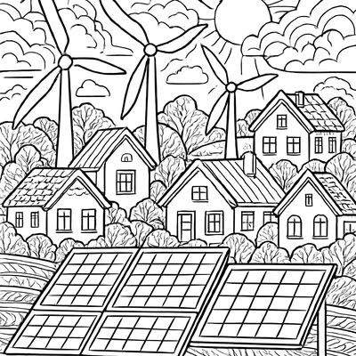 A Wind Farm And Solar Panels Powering A Neighborhood With Clean Energy