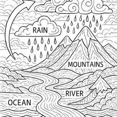 The Water Cycle Shown Over A Landscape: Ocean, Clouds, Rain, River, And Mountains With Labels