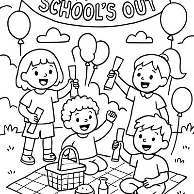 A Celebratory End-of-school Picnic With Kids Holding Diplomas, Balloons, And A Banner That Reads School's Out