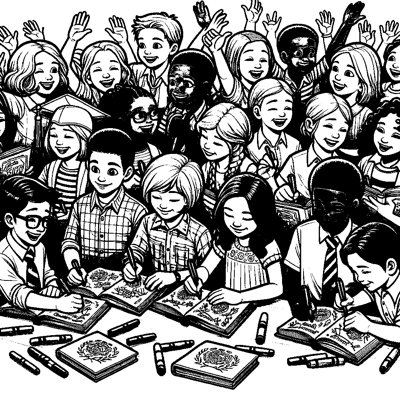 Children Signing Each Other's Yearbooks And Memory Books On The Last Day Of School