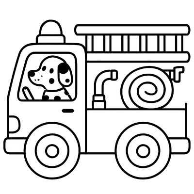 A Big Red Fire Truck With A Ladder, Hose, And A Dalmatian Dog Sitting In The Front Seat