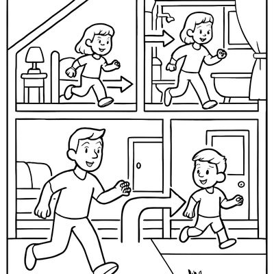 A Family Practicing A Fire Escape Plan With Arrows Showing Exit Routes From Each Room In A House