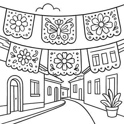 A Colorful Papel Picado Banner With Intricate Cut-out Patterns Hanging Across A Street