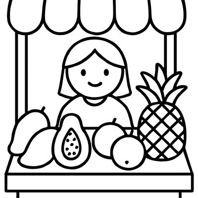 A Market Scene With A Fruit Stand Selling Tropical Fruits: Mango, Papaya, Guava, And Pineapple