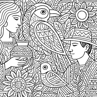 A Mural-style Scene Celebrating Latin American Art With Bold Geometric Patterns And Nature Motifs