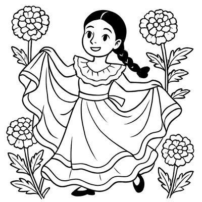 A Traditional Folk Dance Scene With A Dancer In A Flowing Dress Surrounded By Marigolds