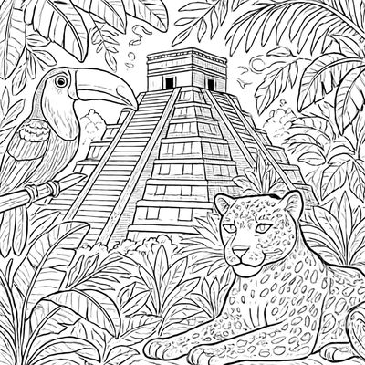 An Ancient Mayan Pyramid Surrounded By Jungle With A Toucan And Jaguar