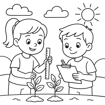Children Measuring Plant Growth With Rulers And Recording Data