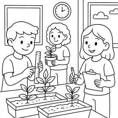 Classroom Garden Project With Students Measuring Plant Growth