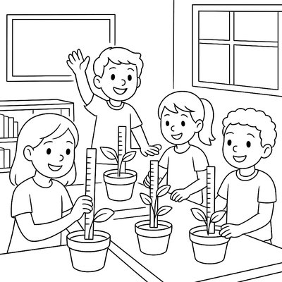 Classroom Scene With Students Measuring Plant Growth Charts