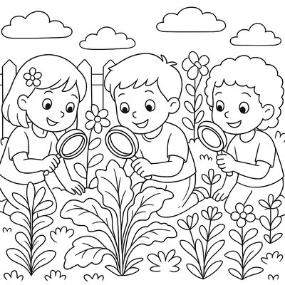 Children Studying Plants With Magnifying Glasses In A School Garden