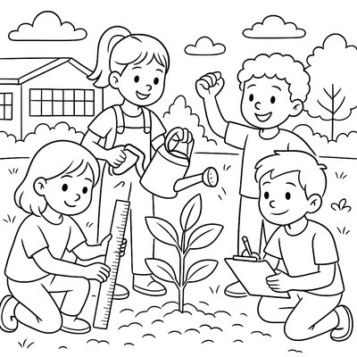 Students Measuring Plant Growth In School Garden