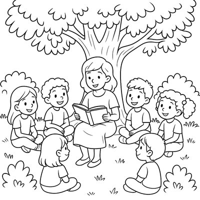 Students Sitting In A Circle Under A Large Tree For Story Time