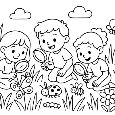 Students Studying Insects With Magnifying Glasses In A Meadow