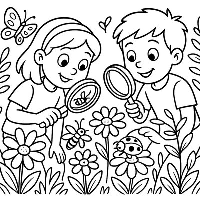 Students Using Magnifying Glasses To Study Insects On Flowers