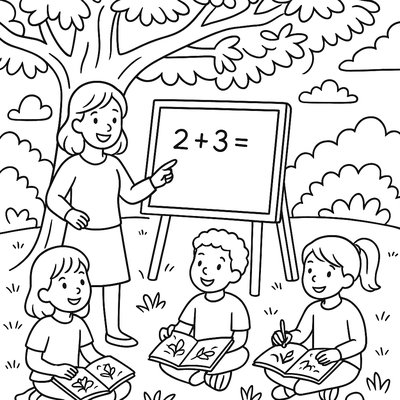 Teacher And Students Having Math Class Under A Large Oak Tree With Nature Journals