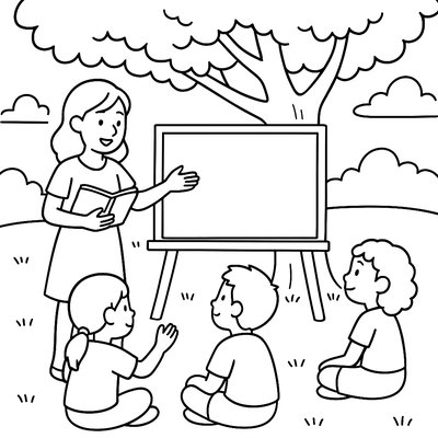 Teacher Conducting Lesson Under Shade Tree Outdoors