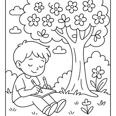 A Child Writing Poetry Under A Flowering Tree