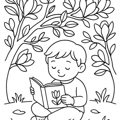 Child Reading Poetry Book Under Blooming Magnolia Tree