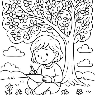 Child Writing Poetry Under Blooming Tree