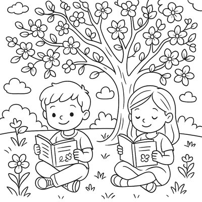 Children Reading Poems Under A Blooming Tree