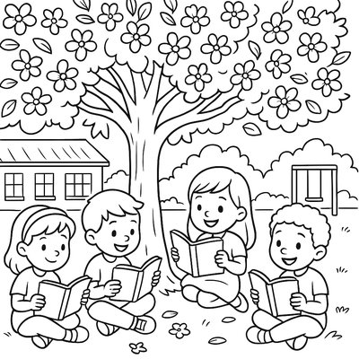 Children Reading Poems Under Blooming Tree In School Yard