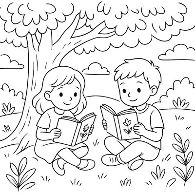 Children Reading Poetry Under A Blooming Tree