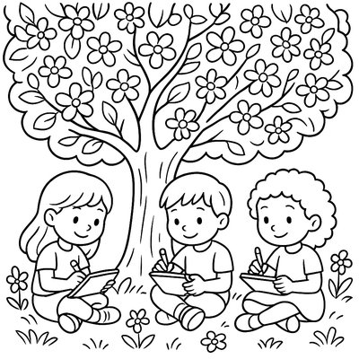 Children Writing And Sharing Poems Under Blooming Trees