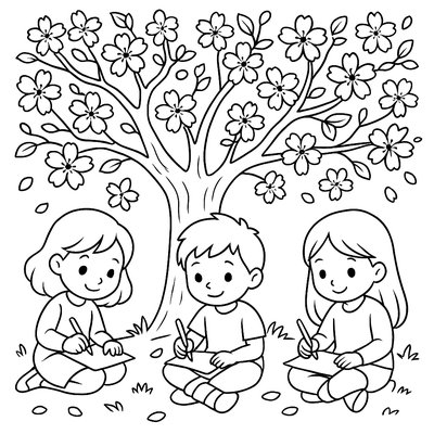 Children Writing Haiku About Spring Flowers In Garden Notebook