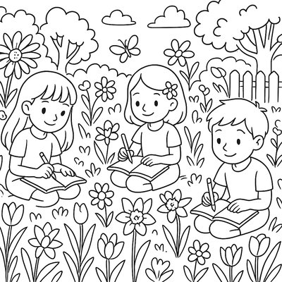 Children Writing Poems About Spring Under A Flowering Tree
