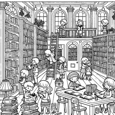 A Library Scene With Tall Bookshelves, A Reading Nook, And Children Choosing Books