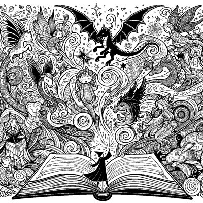 A Magical Open Book With Characters And Creatures Jumping Out Of The Pages