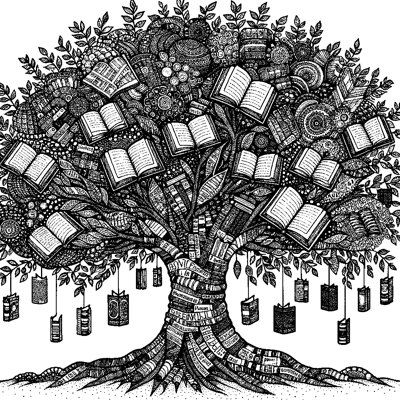 A Tree Made Entirely Of Open Books With Letters And Words Falling Like Leaves