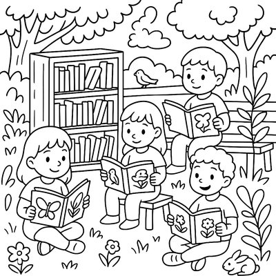 Children Reading Nature Books In Outdoor Library