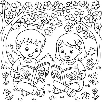 Children Reading Nature Books Under Blooming Cherry Tree