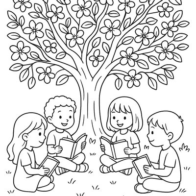Outdoor Reading Corner Under Blooming Apple Tree