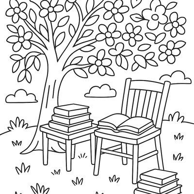 Outdoor Reading Corner Under Flowering Tree With Books