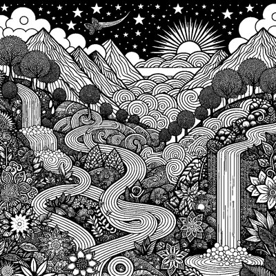 A Mindfulness Maze Where The Path Goes Through Peaceful Scenes: Garden, Waterfall, Starry Sky, Sunrise
