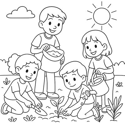 Children Cooperating To Plant Community Garden Together