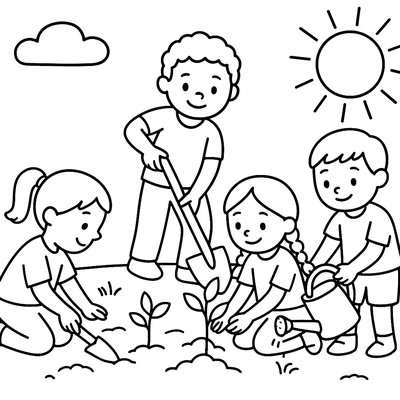 Children Cooperating To Plant School Garden Together
