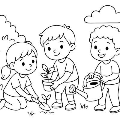 Children Sharing Garden Tools And Helping Each Other Plant
