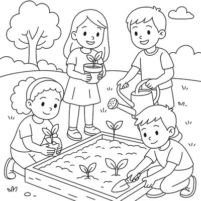Children Working Together To Plant A Class Garden