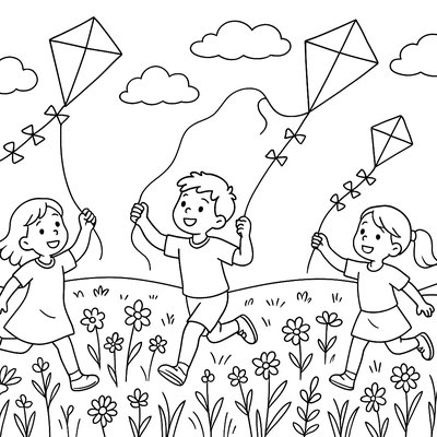 Children Flying Kites In A Spring Meadow With Wildflowers