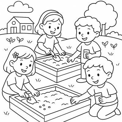 Children Planting Seeds In School Garden Boxes
