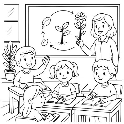 Classroom Scene With Students Learning About Plant Life Cycles