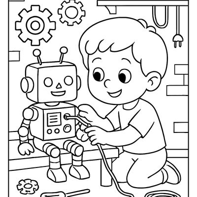 A Child Building A Robot With Gears, Wires, And A Control Panel In A Workshop