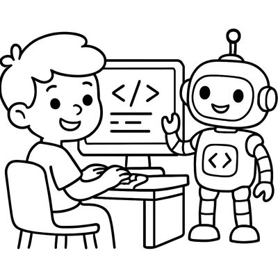 A Coding Scene With A Child At A Computer And A Robot Following The Code Instructions On Screen
